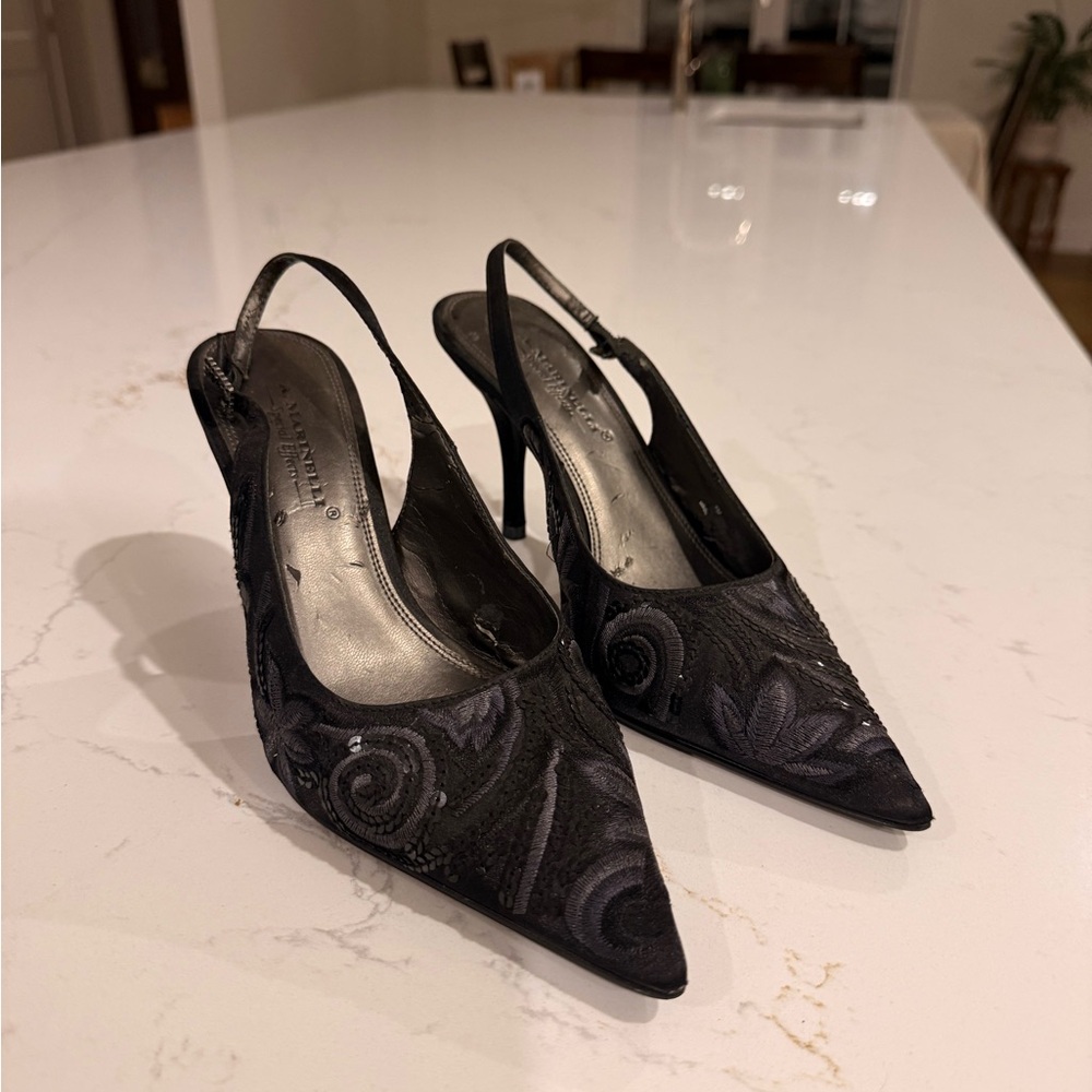 Vintage sequin and satin sling back heels